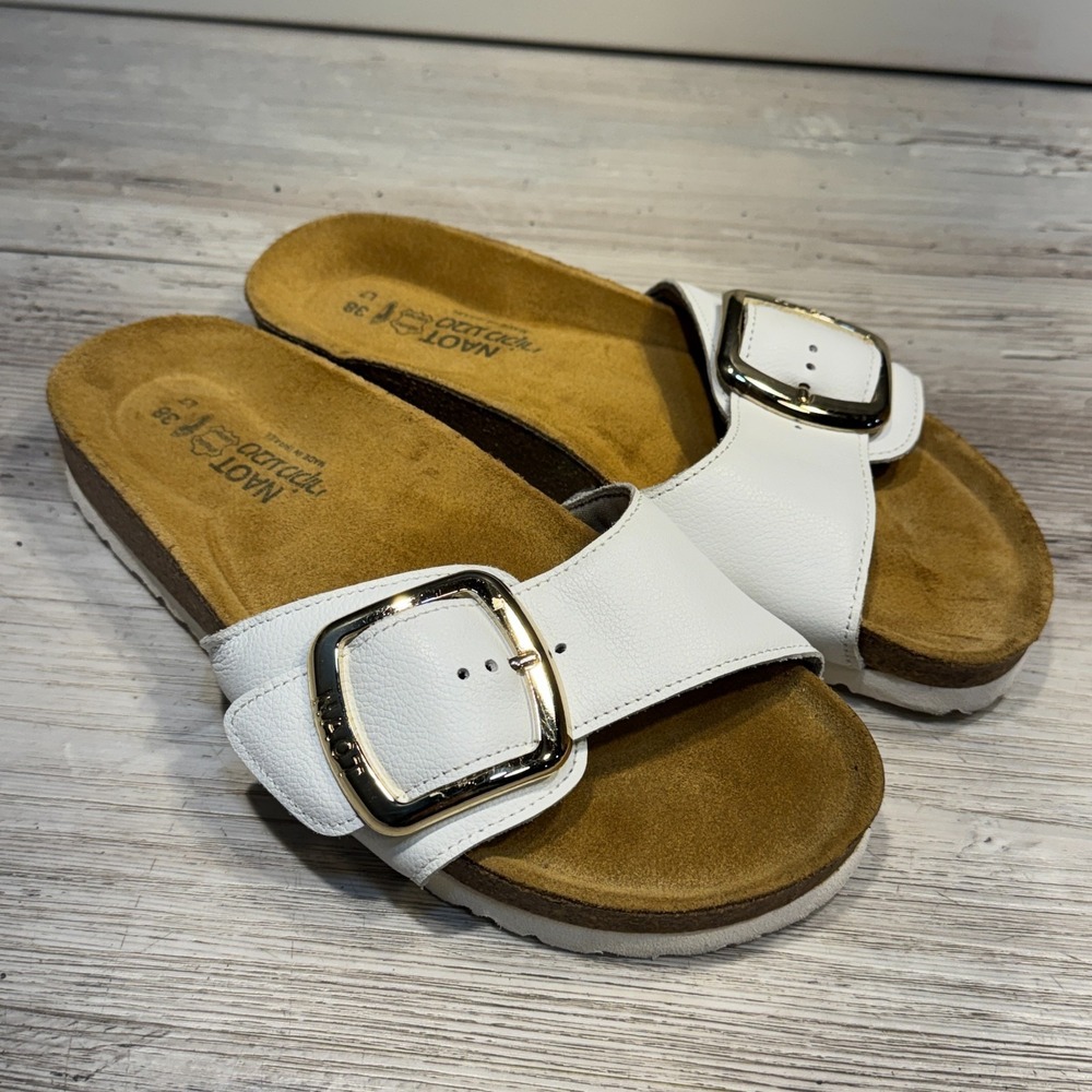 Naot White Leather Buckle Slide Sandals with Gold-Tone Buckles